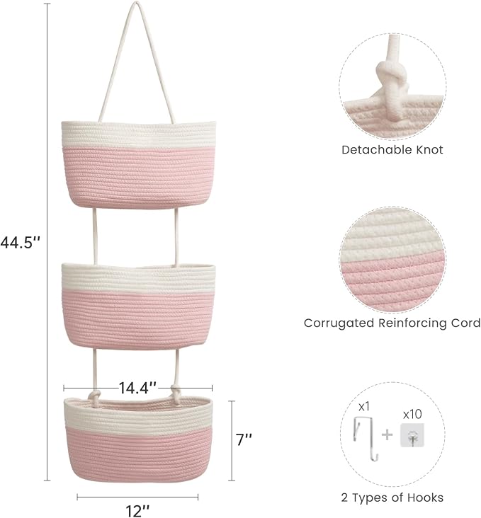 TeoKJ Over the Door Hanging Basket, 3-Tier Woven Cotton Wall-Mounted Storage - Image 5