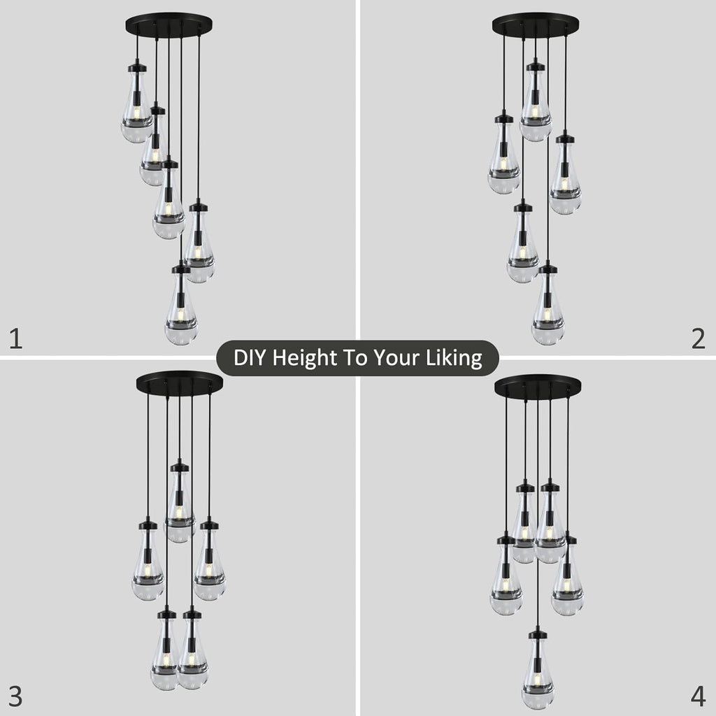 Bronze 5 Light Raindrop Chandeliers, Black Cluster Pendant Light Teardrop Dining Room Light Fixture Pendant Lights Kitchen Island, Hanging Ceiling Pendant Lighting for Entryway Living Room