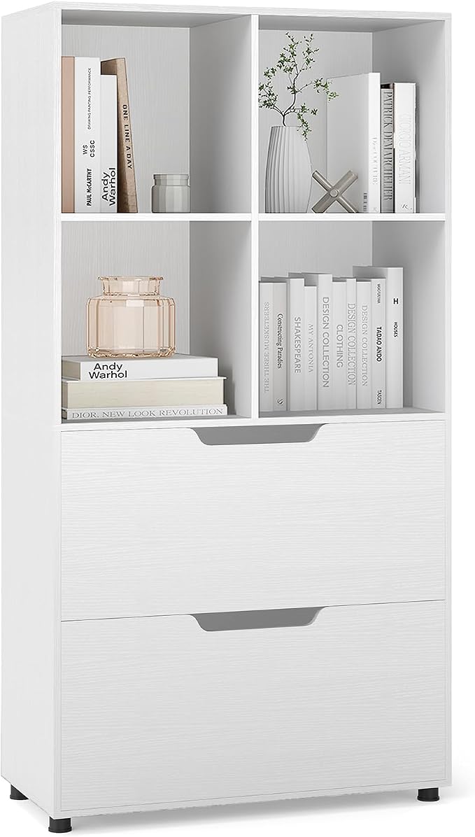 Giantex Bookcase with 2 Drawers, 51” Tall White Bookshelf w/4 Cubes, Anti-tip by Giantex