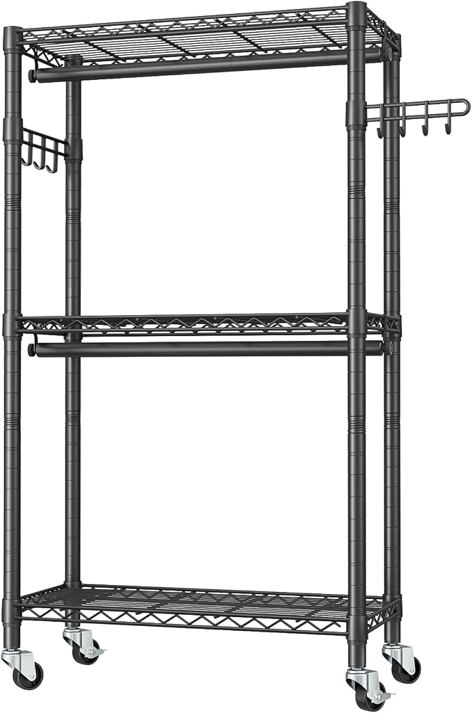 Heavy Duty Clothes Rack Rolling Garment Rack, 3 Tier Adjustable Wire Shelving - Image 9