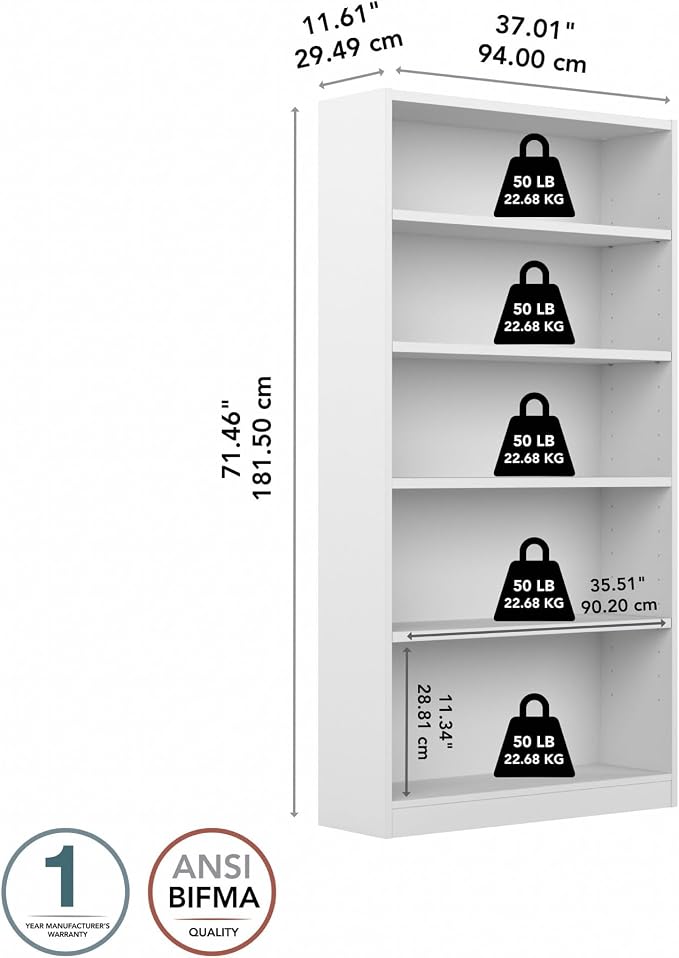 Bush Furniture Universal Tall 5 Shelf Bookcase in White, Vertical Storage and - Image 8