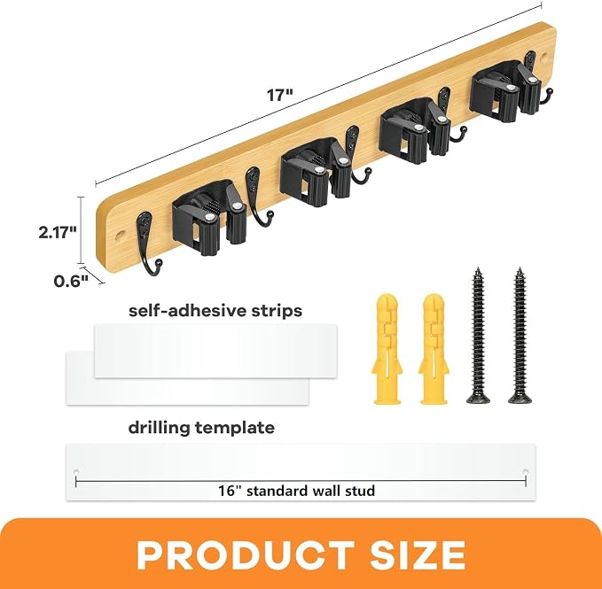 IMILLET Mop and Broom Holder Wall Mount, Bamboo Broom Hanger - Image 6