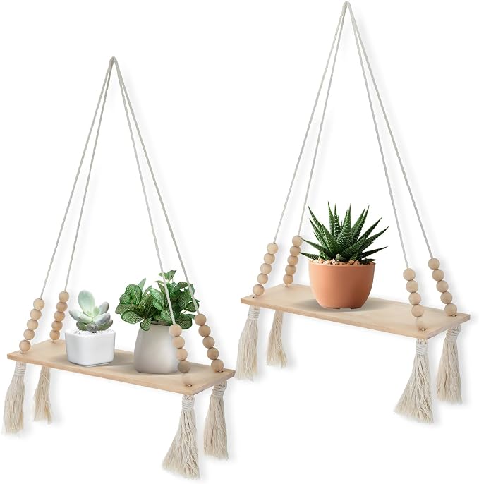 2 Pcs Wooden Wall Hanging Shelves, Macrame Hanging Plant Shelf - Image 8