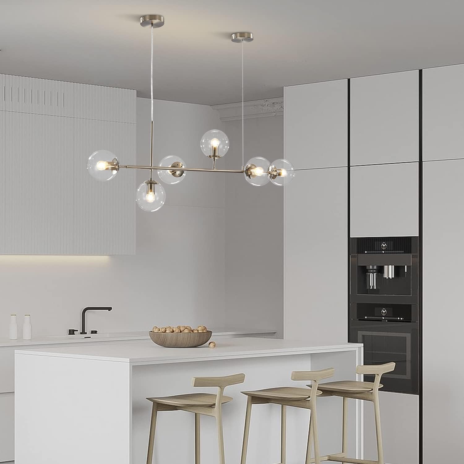 KCO Lighting 6 Light Bubble Glass Pendant Light Mid Century Modern Globe Sputnik Chandelier Linear Chandelier Lighting Brushed Nickel Hanging Light Fixture for Kitchen Island Dining Room