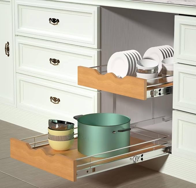 DINDON 2 Tier Pull Out Cabinet Organizer Slide Out Wood Shelf Double Tier - Image 7