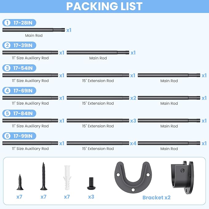 Closet Rods for Hanging Clothes, 17 to 99 Inch Stepless Adjustable Closet Rod - Image 5
