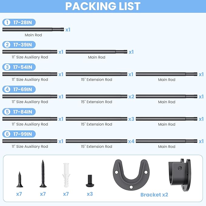 Closet Rods for Hanging Clothes, 17 to 69 Inch Stepless Adjustable Closet Rod - Image 5