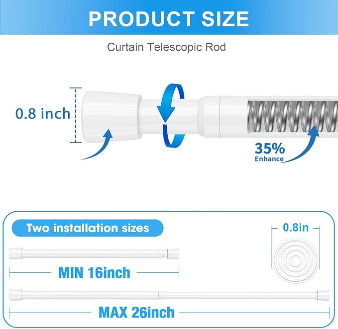 4 Pack Spring Loaded Tension Rod 16-26" Adjustable Curtain Rods No Drill - Image 2
