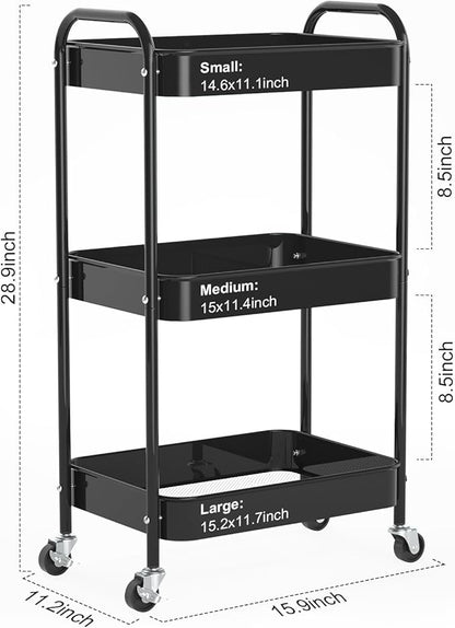 3-Tier Rolling Cart, Metal Utility Storage Carts - Image 2