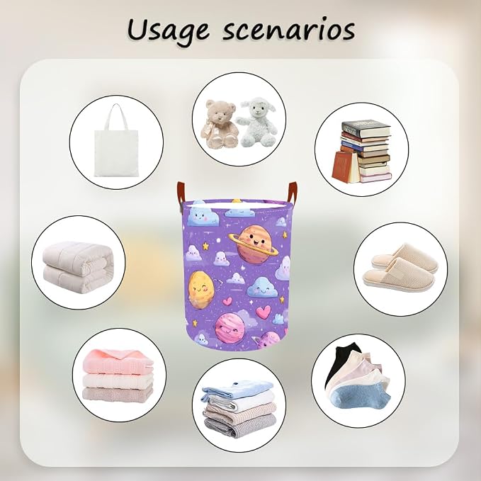 Laundry Baskets 15.7x19.7 Inch Large Cartoon Planets Clouds Design Collapsible - Image 4