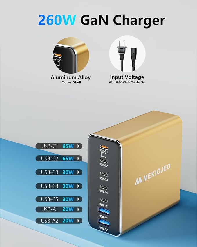 Aluminum Alloy 260W USB C Charger GaN Fast USB C Charging Station 7 Ports | 65W - Image 3