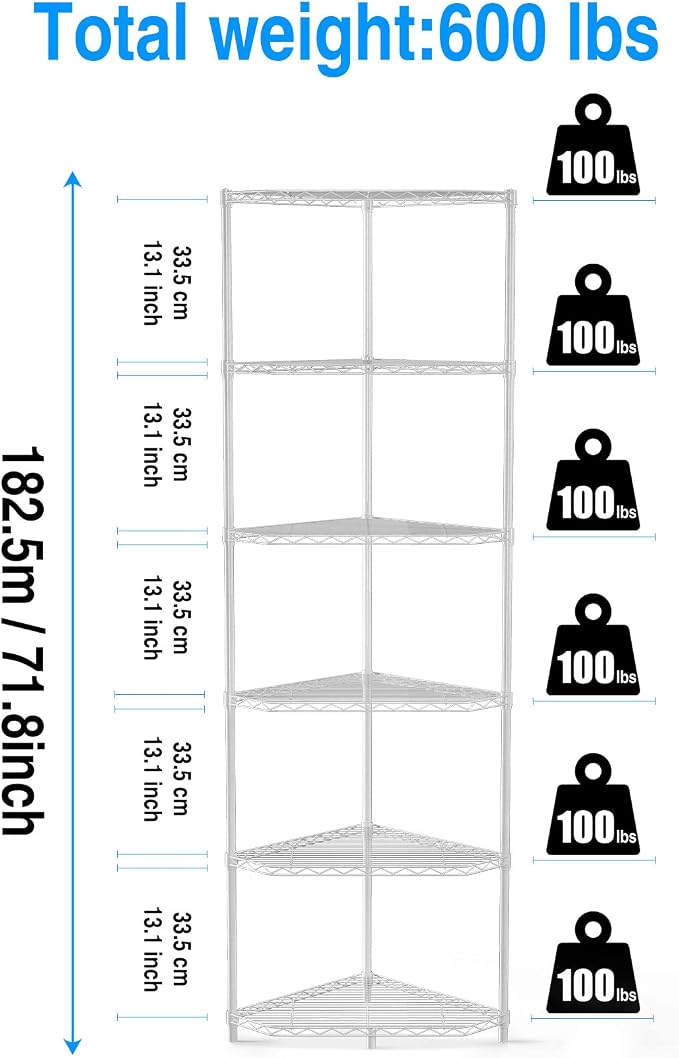 6 Tier NSF Metal Corner Shelf Wire Shelving Unit, 600lbs Capacity Heavy Duty - Image 3