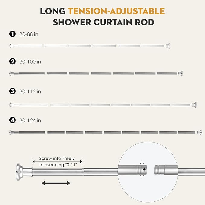 Silver Long Curtain RodTension Shower Curtain Rods 30 to100 inch Adjustable - Image 4