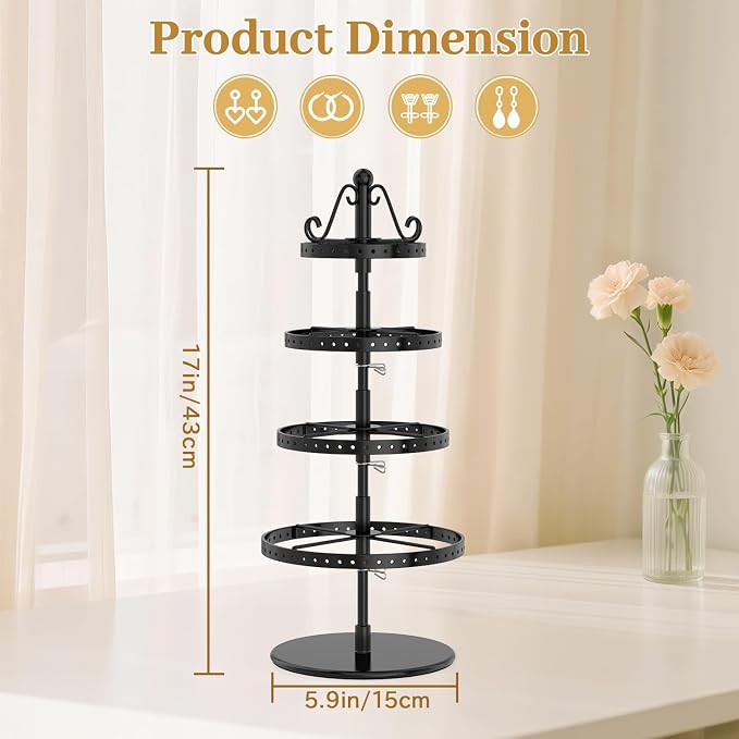 MODOWEY Rotating Earring Holder Organizer Stand, 4 Tier Adjustable Metal - Image 3