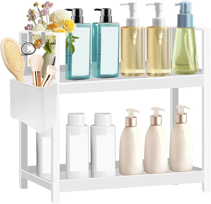 Bathroom Organizer with Basket & Hooks, 2 Tier Bathroom Organizers and Storage by Unknown