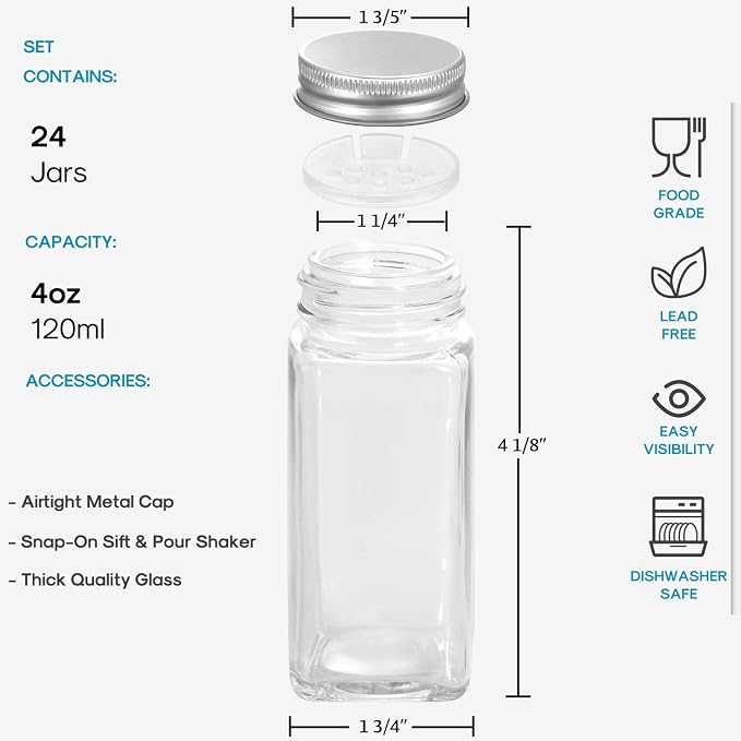 AOZITA 24 Pcs Glass Spice Jars - 4oz Empty Square Spice Bottles Containers - Image 2