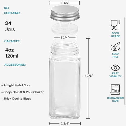 AOZITA 24 Pcs Glass Spice Jars - 4oz Empty Square Spice Bottles Containers - Image 2