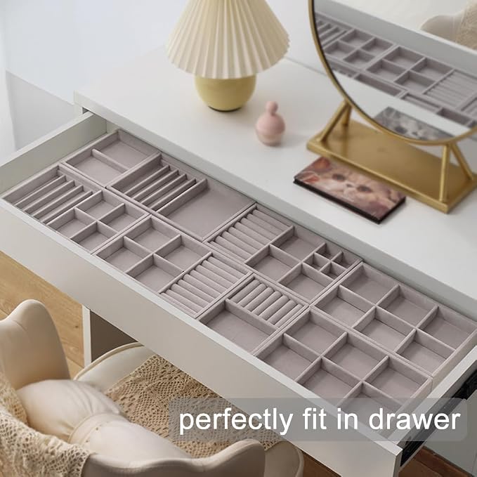 10 Pack Jewelry Organizer Tray Drawer Inserts Stackable Velvet Liner Dividers - Image 3