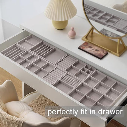 10 Pack Jewelry Organizer Tray Drawer Inserts Stackable Velvet Liner Dividers - Image 3