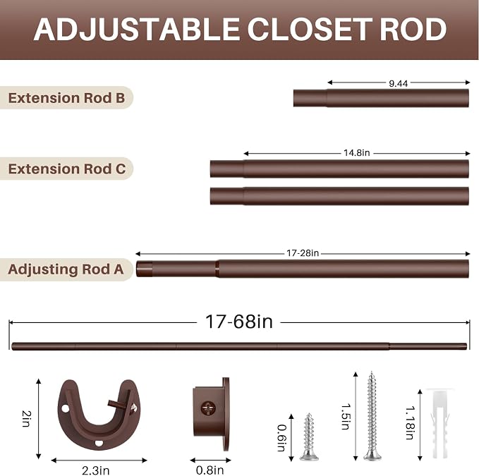 Closet Rod - Closet Rods for Hanging Clothes, 17 to 68 inch Adjustable Closet - Image 2