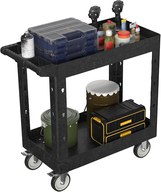 2 Tier Plastic Rolling Utility Cart on Wheels, Heavy Duty Tool Cart by Bettertoolsforbetterlife