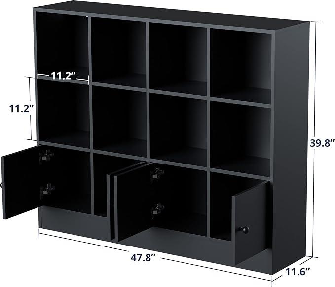 Cozy Castle Black Wood Bookcase, 12 Cube Storage Organizer Bookshelf - Image 2