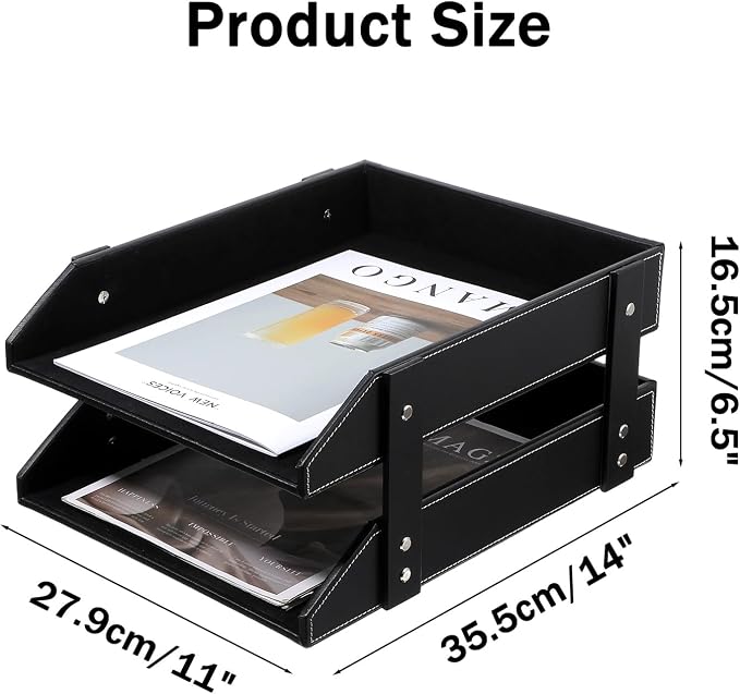 2-Tier Stackable Leather Desk Organizer, Letter Tray Holder - Image 3