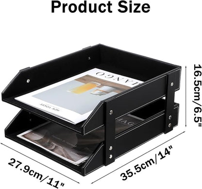 2-Tier Stackable Leather Desk Organizer, Letter Tray Holder - Image 3