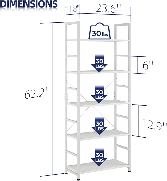 NUMENN 5 Tier Bookshelf, Tall Freestanding Open Storage Bookcase, Support Bars - Image 3