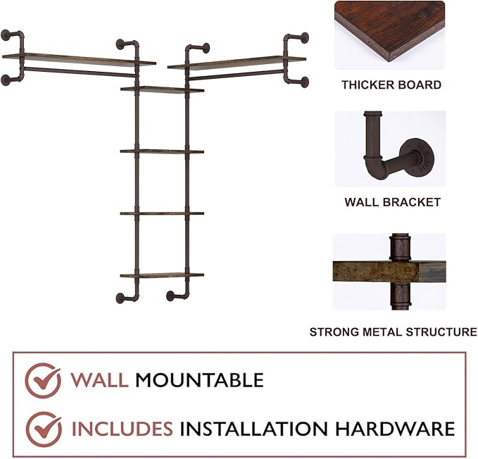 Helsin 5-Tiers 74inch Large Rustic Industrial Pipe Floating Shelving, Wall - Image 5