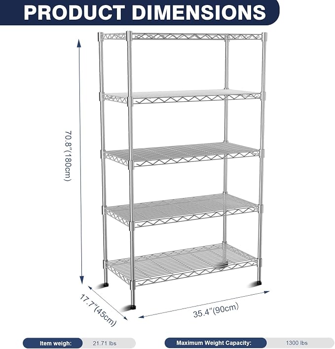 5-Tier Heavy Duty Metal Shelf, Chrome Wire Shelving Unit 35"Wx18Dx71H | Height - Image 2