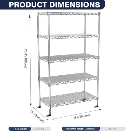 5-Tier Heavy Duty Metal Shelf, Chrome Wire Shelving Unit 35"Wx18Dx71H | Height - Image 2