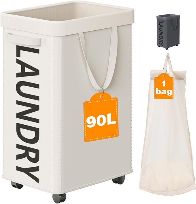 Optish Laundry Basket with Wheels, 90L Rolling Laundry Hamper with Wheels by Optish