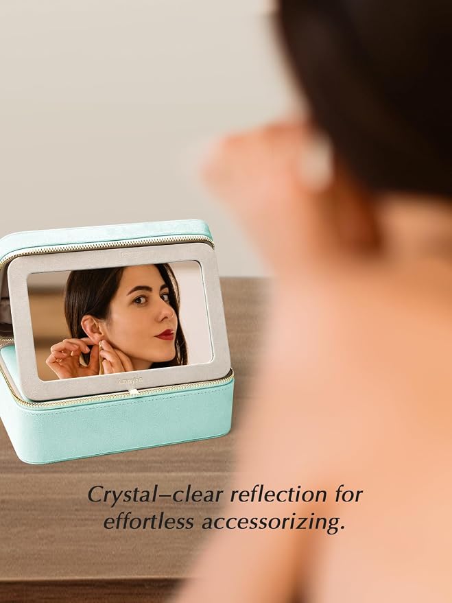 Velvet Travel Jewelry Box with Large Mirror, Double-Layer Jewelry Organizer Case - Image 7
