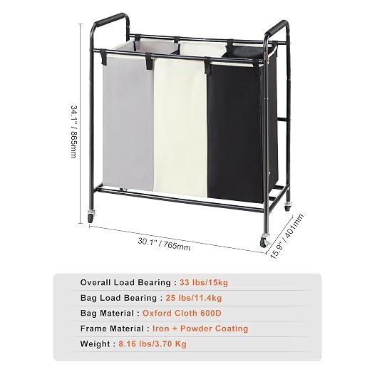 VEVOR 3-Section Laundry Basket, Heavy Duty Laundry Hamper Storage Organizer - Image 7