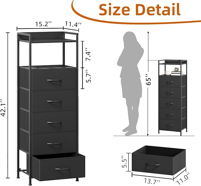 Somdot Tall Nightstand with 5 Drawers, Vertical Fabric Dresser - Image 3