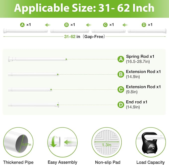 1Pcs Spring Tension Curtain Rod 31-62 Inch, 7/8" Diameter Tension Rod - Image 3