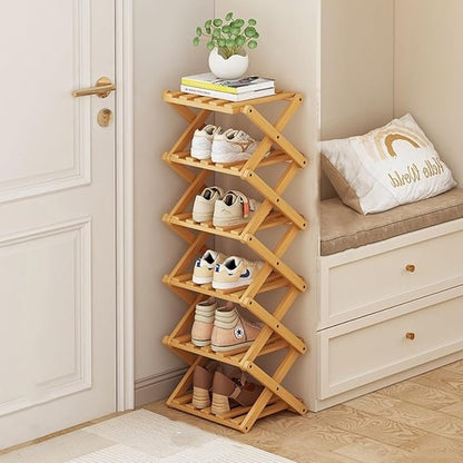 6 Tier Foldable Shoe Rack, Bamboo Vertical Shoe Organizer Tall by XZXWZX
