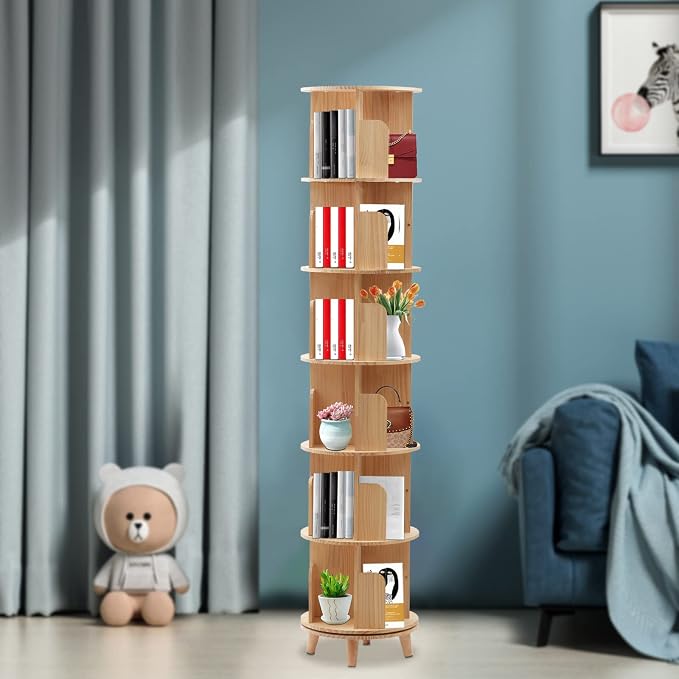 6 Tier Rotating Bookshelf 360 Degrees Free Standing Solid Wood Organizer - Image 2