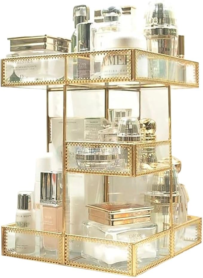 4-Tier Golden 360 Degree Rotation Cosmetic Organizer -Premium Spinning Perfume by UniqueHandmadeGlassBeautyDisplayfromHersoo
