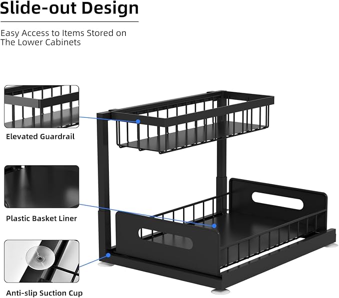 2-Tier Under Sink Slide Out Organizer, Pull Out Cabinet Storage Shelf - Image 3