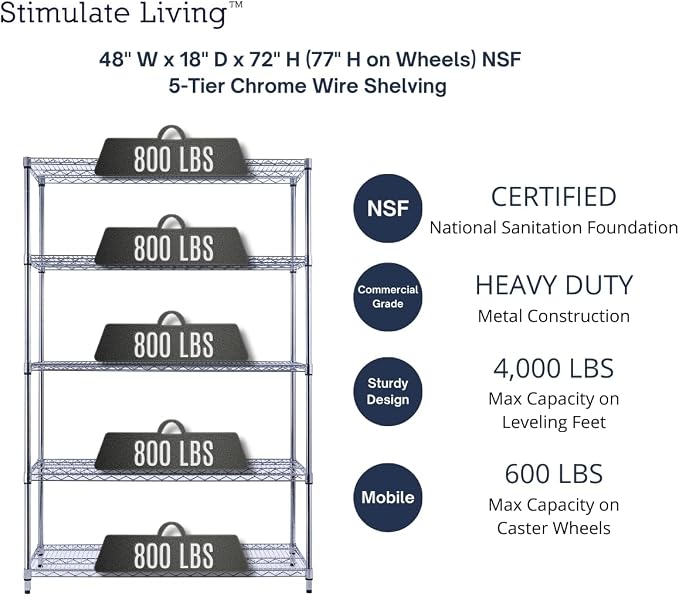 48"x18"x72" PRIME HEAVY DUTY Chrome 5-Tier Wire Shelving NSF 4000 LBS MAX - Image 3