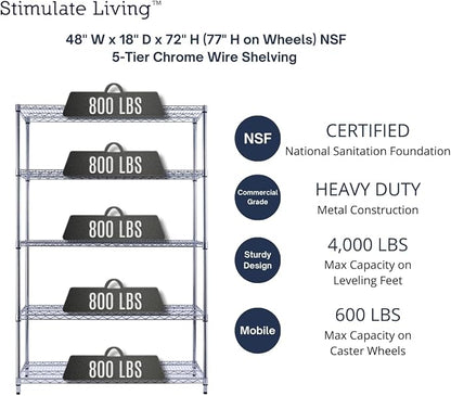 48"x18"x72" PRIME HEAVY DUTY Chrome 5-Tier Wire Shelving NSF 4000 LBS MAX - Image 3