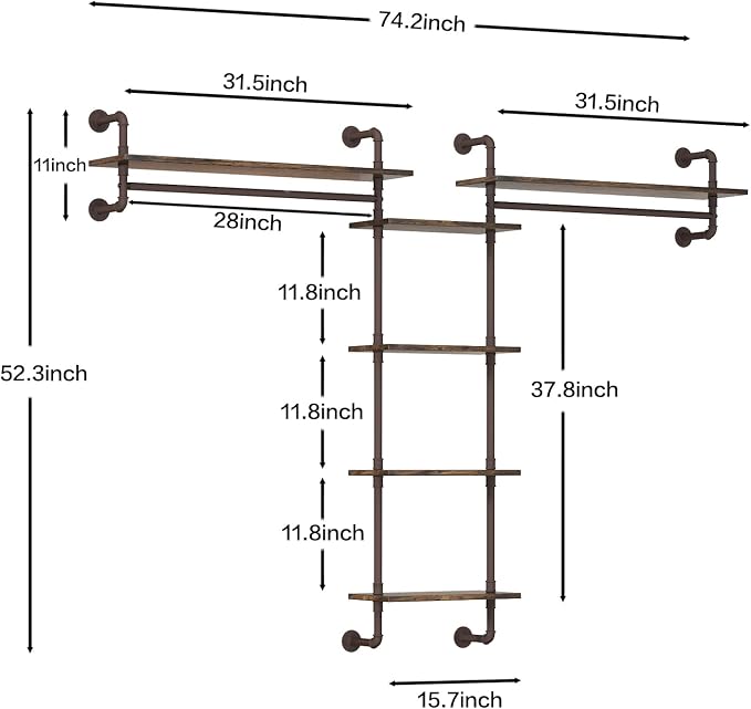 Helsin 5-Tiers 74inch Large Rustic Industrial Pipe Floating Shelving, Wall - Image 2