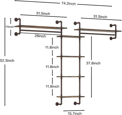 Helsin 5-Tiers 74inch Large Rustic Industrial Pipe Floating Shelving, Wall - Image 2