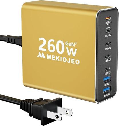 Aluminum Alloy 260W USB C Charger GaN Fast USB C Charging Station 7 Ports | 65W by MEKIOJEO