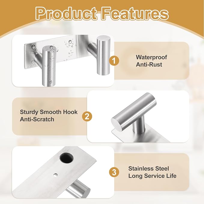 uxcell 1 Set Hat and Coat Wall Mount Rack, Stainless Steel 4 Hooks Towel Racks - Image 3