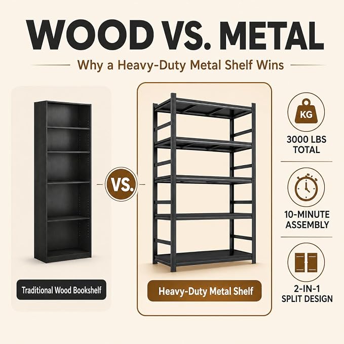 5 Tier Metal Bookshelf with Anti-Drop Fence, Heavy Duty 3000 LBS Modern Deep - Image 4