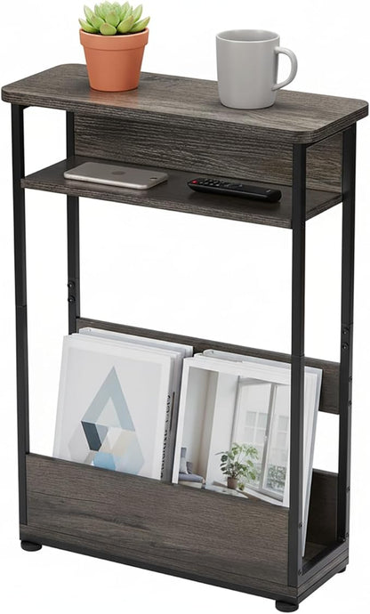 Vintage Narrow Side Table with Storage Shelf, 3 Tier Slim End Table Modern Sofa by YEAKOO