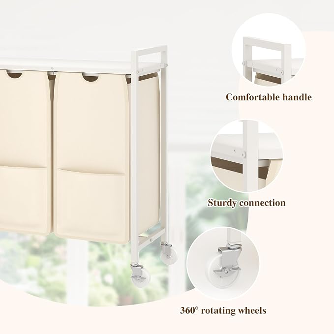 3-Section Laundry Hamper with Shelf, Pull-Out Removable 12.8 gal Bags, Metal - Image 5